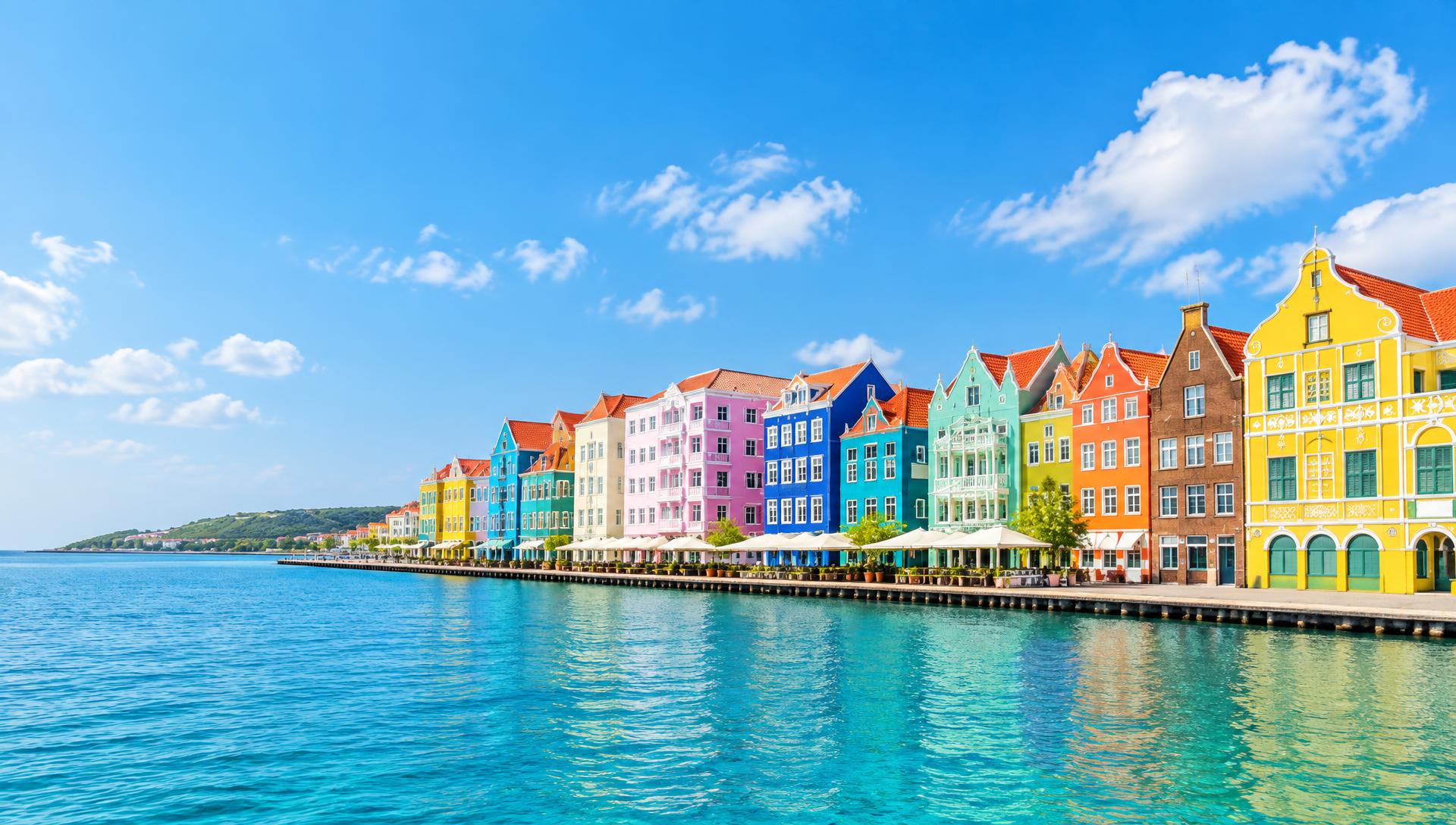 Kleurrijke gevels aan de waterkant van Willemstad, Curaçao