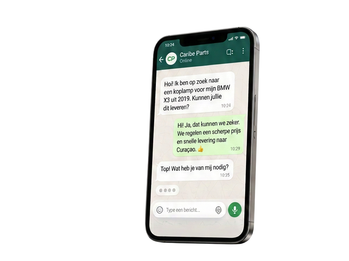 WhatsApp-gesprek met Caribe Parts over een koplamp voor een BMW X3